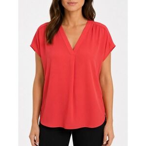 Banana Republic Red V-Neck Cap Sleeve Pleated Woven Pullover Blouse XXL